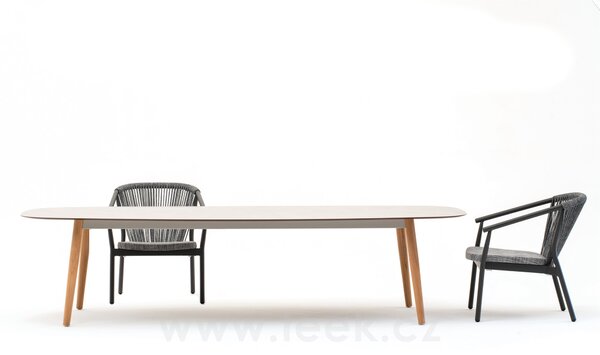 Varaschin Jídelní stůl snížený Ellisse, Varaschin, 220x120x66 cm, rám hliník, nohy teak, deska HPL kat. A, barevné provedení dle vzorníku