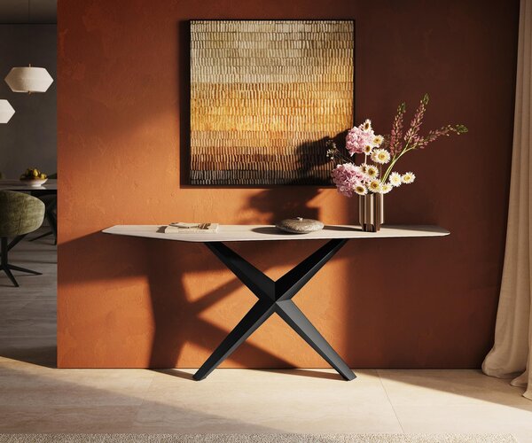 DELIFE Konzolový stůl Edge polygonální 180×50 cm keramika Laminam® Travertino Bianco krémově bílá Zentharo kov černá