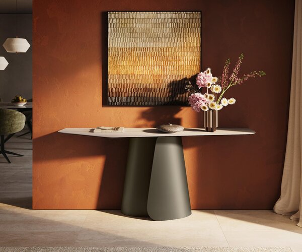 DELIFE Konzolový stůl Edge polygonální 180×50 cm keramika Laminam® Travertino Bianco krémově bílá Livos kov titanová barva