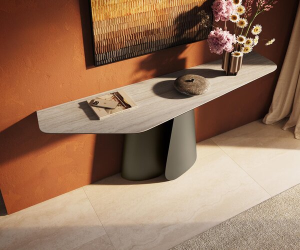 DELIFE Konzolový stůl Edge polygonální 180×50 cm keramika Laminam® Travertino Bianco krémově bílá Livos kov titanová barva