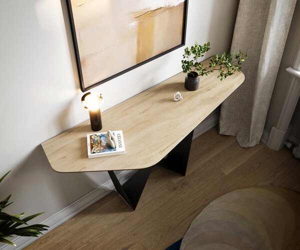 DELIFE Konzolový stůl Edge polygonální 140×50 cm keramika Laminam® Sabbia dubová barva Spios kov černá