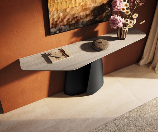 DELIFE Konzolový stůl Edge polygonální 180×50 cm keramika Laminam® Travertino Bianco krémově bílá Livos kov černá