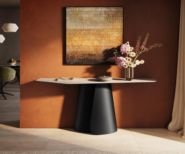 DELIFE Konzolový stůl Edge polygonální 180×50 cm keramika Laminam® Travertino Bianco krémově bílá Livos kov černá