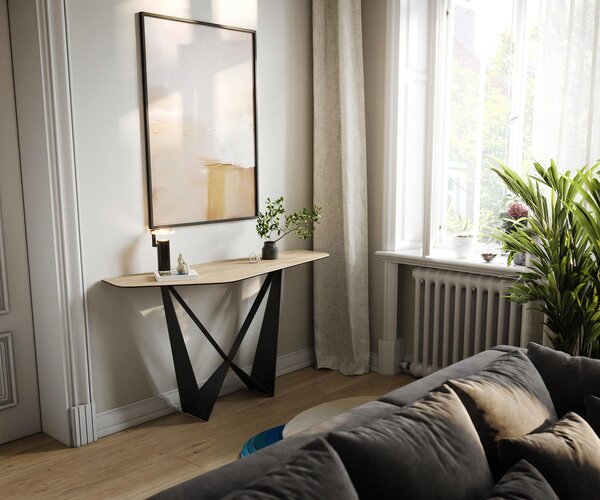 DELIFE Konzolový stůl Edge polygonální 140×50 cm keramika Laminam® Sabbia dubová barva Spios kov černá