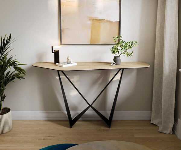 DELIFE Konzolový stůl Edge polygonální 140×50 cm keramika Laminam® Sabbia dubová barva Spios kov černá