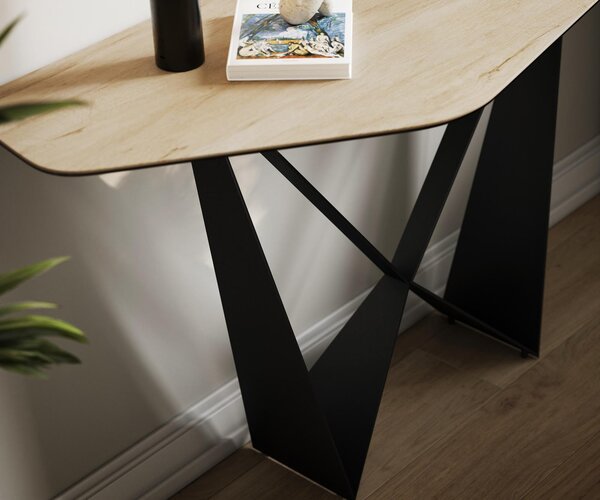 DELIFE Konzolový stůl Edge polygonální 140×50 cm keramika Laminam® Sabbia dubová barva Spios kov černá