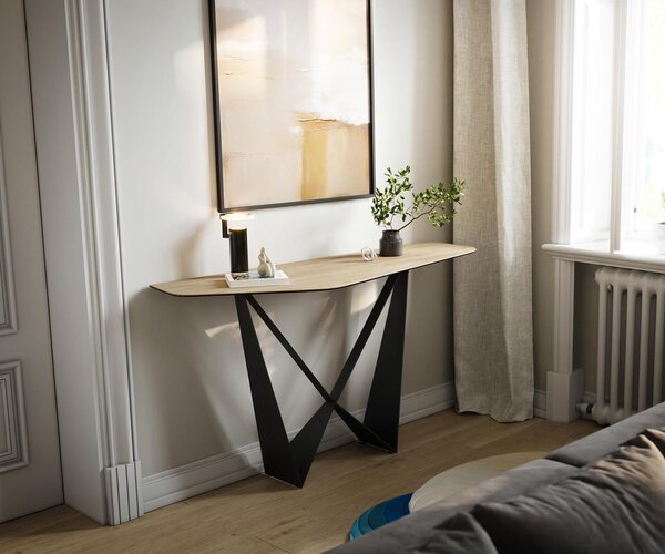 DELIFE Konzolový stůl Edge polygonální 140×50 cm keramika Laminam® Sabbia dubová barva Spios kov černá