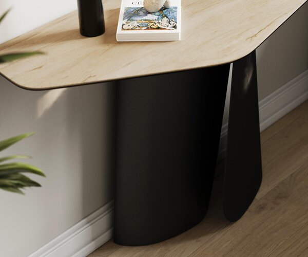 DELIFE Konzolový stůl Edge polygonální 140×50 cm keramika Laminam® Sabbia dubová barva Livos kov černá
