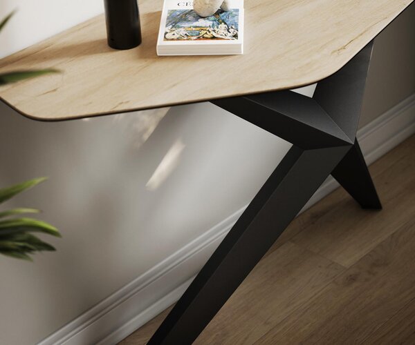 DELIFE Konzolový stůl Edge polygonální 140×50 cm keramika Laminam® Sabbia dubová Zentharo kov černý