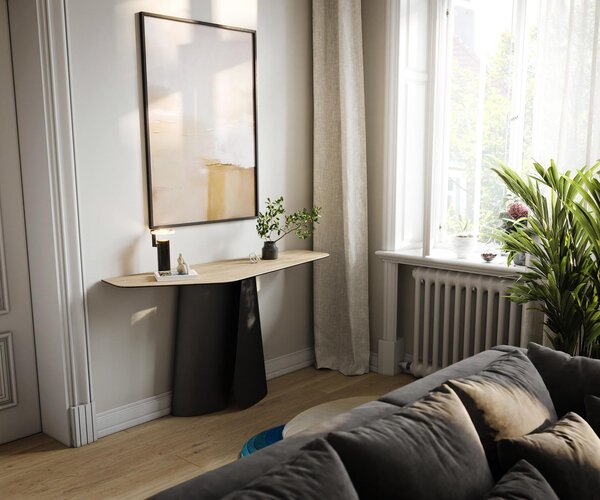 DELIFE Konzolový stůl Edge polygonální 140×50 cm keramika Laminam® Sabbia dubová barva Livos kov černá