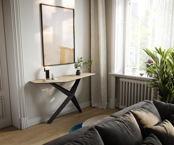 DELIFE Konzolový stůl Edge polygonální 140×50 cm keramika Laminam® Sabbia dubová Zentharo kov černý