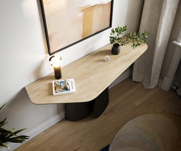 DELIFE Konzolový stůl Edge polygonální 140×50 cm keramika Laminam® Sabbia dubová barva Livos kov černá