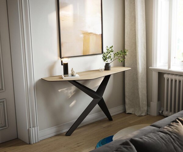 DELIFE Konzolový stůl Edge polygonální 140×50 cm keramika Laminam® Sabbia dubová Zentharo kov černý