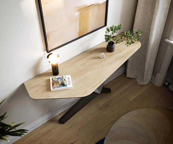 DELIFE Konzolový stůl Edge polygonální 140×50 cm keramika Laminam® Sabbia dubová Zentharo kov černý