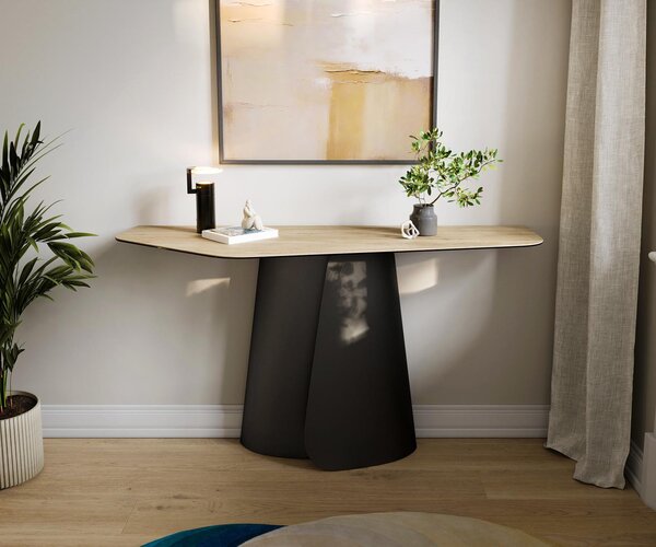 DELIFE Konzolový stůl Edge polygonální 140×50 cm keramika Laminam® Sabbia dubová barva Livos kov černá
