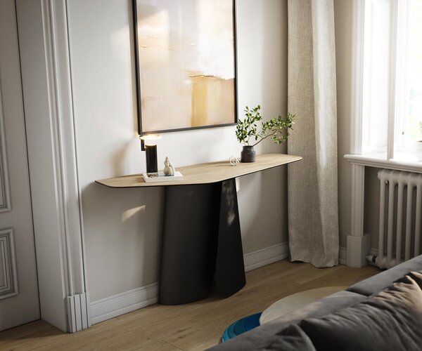 DELIFE Konzolový stůl Edge polygonální 140×50 cm keramika Laminam® Sabbia dubová barva Livos kov černá