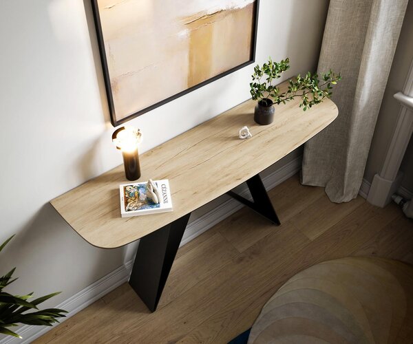 DELIFE Konzolový stůl Edge oválný tvar 140×40 cm keramika Laminam® Sabbia dubová barva Velio kov černá