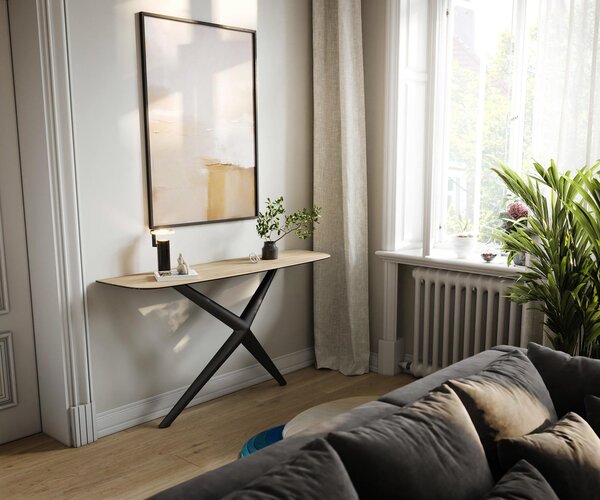 DELIFE Konzolový stůl Edge oválný tvar 140×40 cm keramika Laminam® Sabbia dubová barva Estelo kov černá