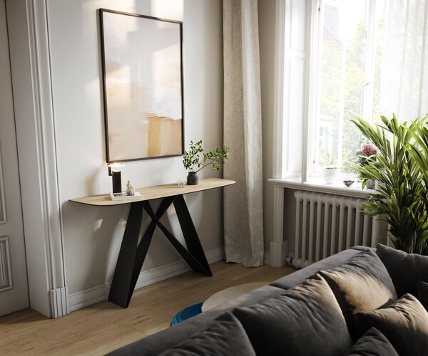 DELIFE Konzolový stůl Edge oválný tvar 140×40 cm keramika Laminam® Sabbia dubová barva Velio kov černá