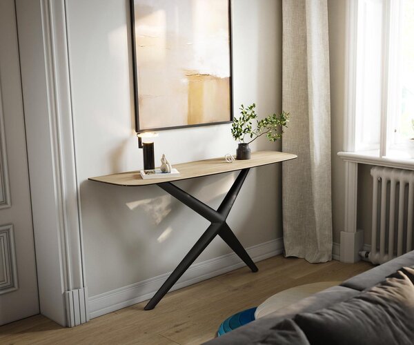 DELIFE Konzolový stůl Edge oválný tvar 140×40 cm keramika Laminam® Sabbia dubová barva Estelo kov černá