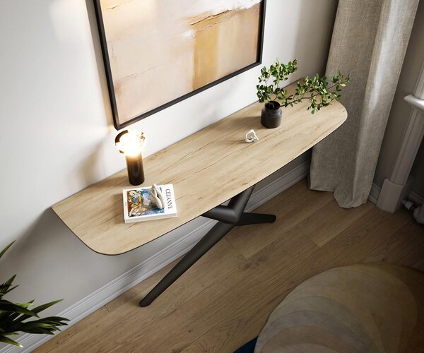 DELIFE Konzolový stůl Edge oválný tvar 140×40 cm keramika Laminam® Sabbia dubová barva Estelo kov černá