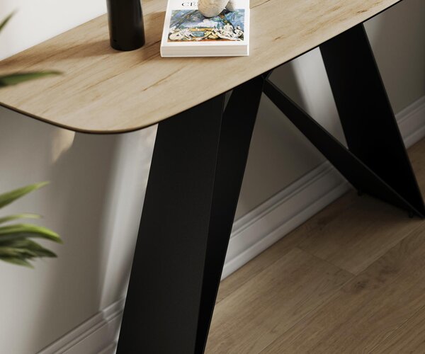 DELIFE Konzolový stůl Edge oválný tvar 140×40 cm keramika Laminam® Sabbia dubová barva Velio kov černá