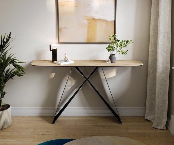 DELIFE Konzolový stůl Edge oválný tvar 140×40 cm keramika Laminam® Sabbia dubová barva Velio kov černá