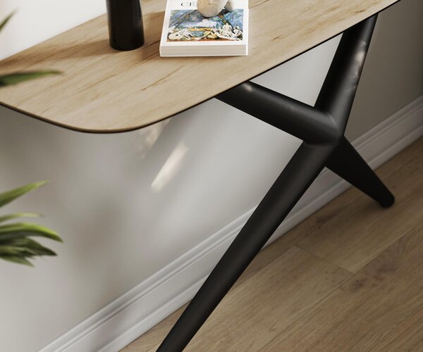 DELIFE Konzolový stůl Edge oválný tvar 140×40 cm keramika Laminam® Sabbia dubová barva Estelo kov černá