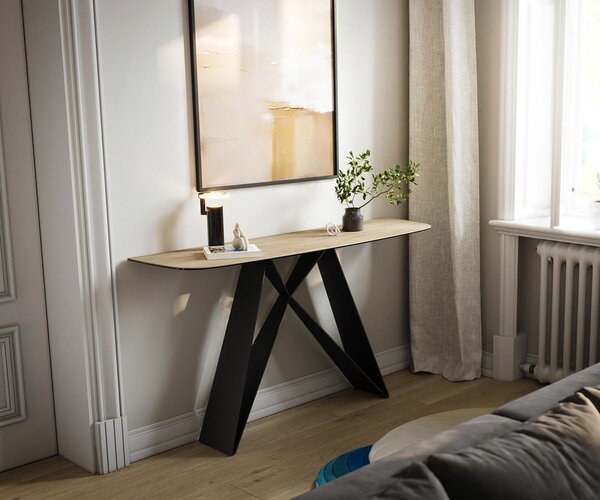 DELIFE Konzolový stůl Edge oválný tvar 140×40 cm keramika Laminam® Sabbia dubová barva Velio kov černá
