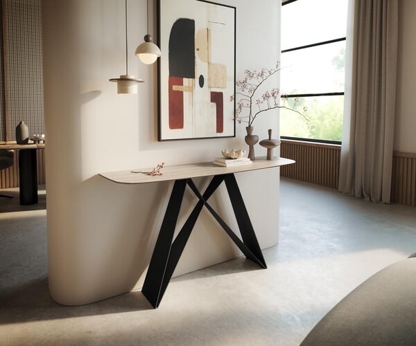 DELIFE Konzolový stůl Edge oválný tvar 140×40 cm keramika Laminam® Travertino Bianco krémově bílá Velio kov černá