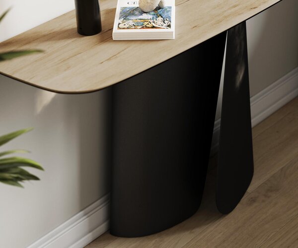 DELIFE Konzolový stůl Edge oválný tvar 140×40 cm keramika Laminam® Sabbia dubová barva Livos kov černá