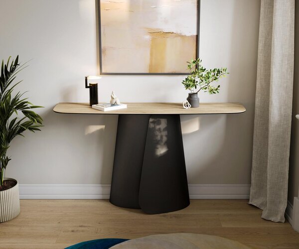 DELIFE Konzolový stůl Edge oválný tvar 140×40 cm keramika Laminam® Sabbia dubová barva Livos kov černá