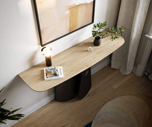 DELIFE Konzolový stůl Edge oválný tvar 140×40 cm keramika Laminam® Sabbia dubová barva Livos kov černá