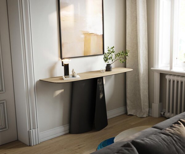 DELIFE Konzolový stůl Edge oválný tvar 140×40 cm keramika Laminam® Sabbia dubová barva Livos kov černá
