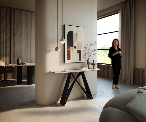 DELIFE Konzolový stůl Edge oválný tvar 140×40 cm keramika Laminam® Travertino Bianco krémově bílá Velio kov černá