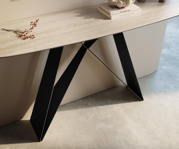 DELIFE Konzolový stůl Edge oválný tvar 140×40 cm keramika Laminam® Travertino Bianco krémově bílá Velio kov černá