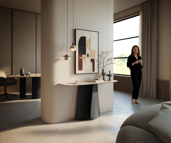 DELIFE Konzolový stůl Edge oválný tvar 140×40 cm keramika Laminam® Travertino Bianco krémově bílá Livos kov černá