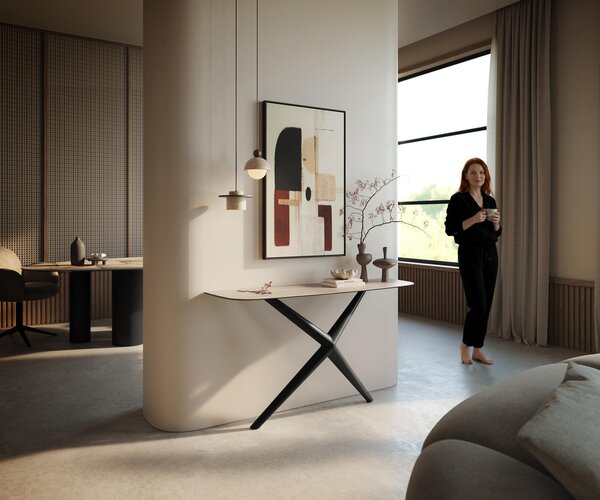 DELIFE Konzolový stůl Edge oválný tvar 140×40 cm keramika Laminam® Travertino Bianco krémově bílá Estelo kov černá