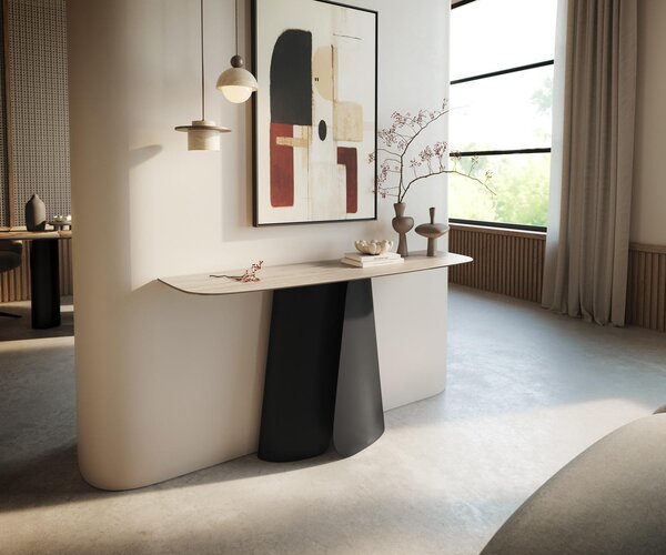 DELIFE Konzolový stůl Edge oválný tvar 140×40 cm keramika Laminam® Travertino Bianco krémově bílá Livos kov černá