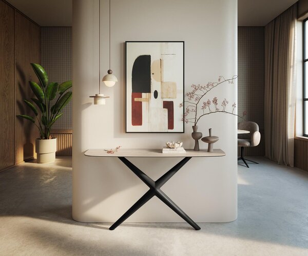 DELIFE Konzolový stůl Edge oválný tvar 140×40 cm keramika Laminam® Travertino Bianco krémově bílá Estelo kov černá