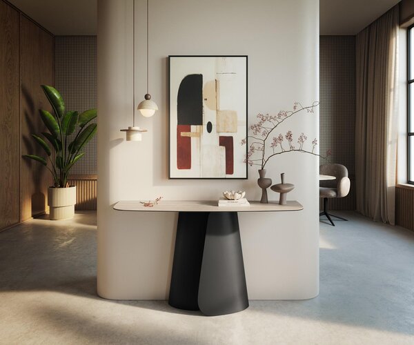 DELIFE Konzolový stůl Edge oválný tvar 140×40 cm keramika Laminam® Travertino Bianco krémově bílá Livos kov černá
