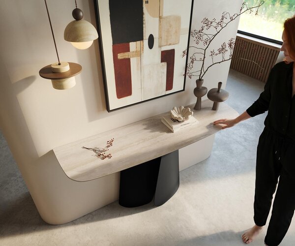 DELIFE Konzolový stůl Edge oválný tvar 140×40 cm keramika Laminam® Travertino Bianco krémově bílá Livos kov černá