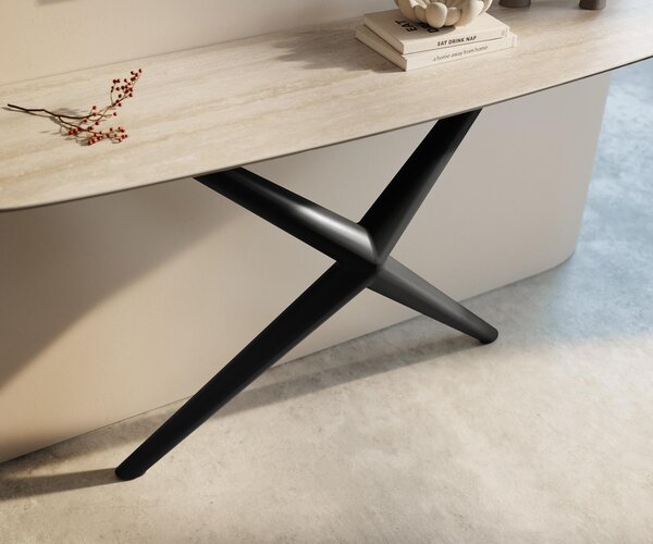 DELIFE Konzolový stůl Edge oválný tvar 140×40 cm keramika Laminam® Travertino Bianco krémově bílá Estelo kov černá