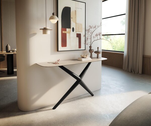 DELIFE Konzolový stůl Edge oválný tvar 140×40 cm keramika Laminam® Travertino Bianco krémově bílá Estelo kov černá
