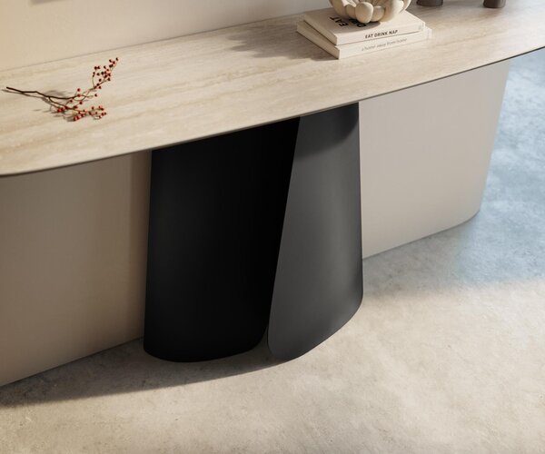 DELIFE Konzolový stůl Edge oválný tvar 140×40 cm keramika Laminam® Travertino Bianco krémově bílá Livos kov černá