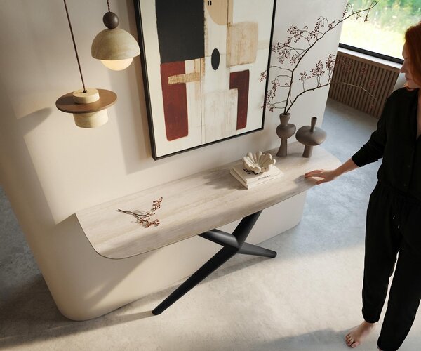 DELIFE Konzolový stůl Edge oválný tvar 140×40 cm keramika Laminam® Travertino Bianco krémově bílá Estelo kov černá