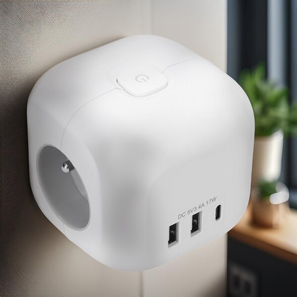 SOLIGHT Rozbočka kostka, 3x 16A + USB A+C, bílá, vypínač