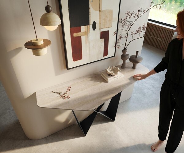DELIFE Konzolový stůl Edge polygonální 140×50 cm keramika Laminam® Travertino Bianco krémově bílá Spios kov černá