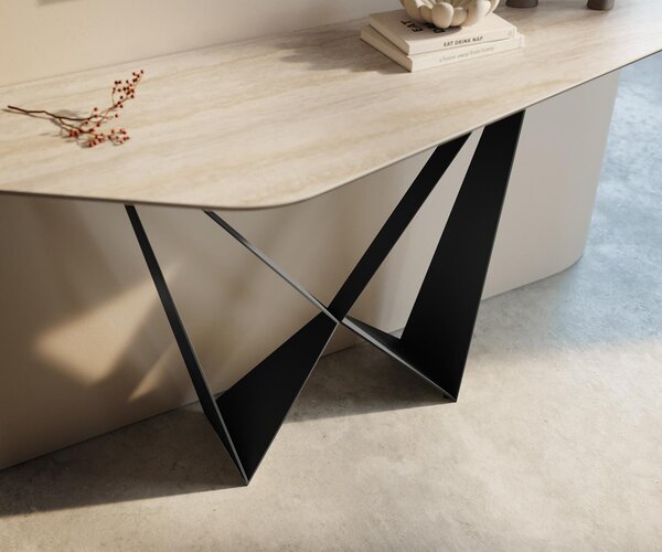 DELIFE Konzolový stůl Edge polygonální 140×50 cm keramika Laminam® Travertino Bianco krémově bílá Spios kov černá