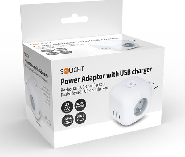 SOLIGHT Rozbočka kostka, 3x 16A + USB A+C, bílá, vypínač